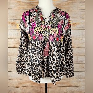 Tribal NEW Embroidered Leopard Print Boho Tunic Top Shirt Size Medium